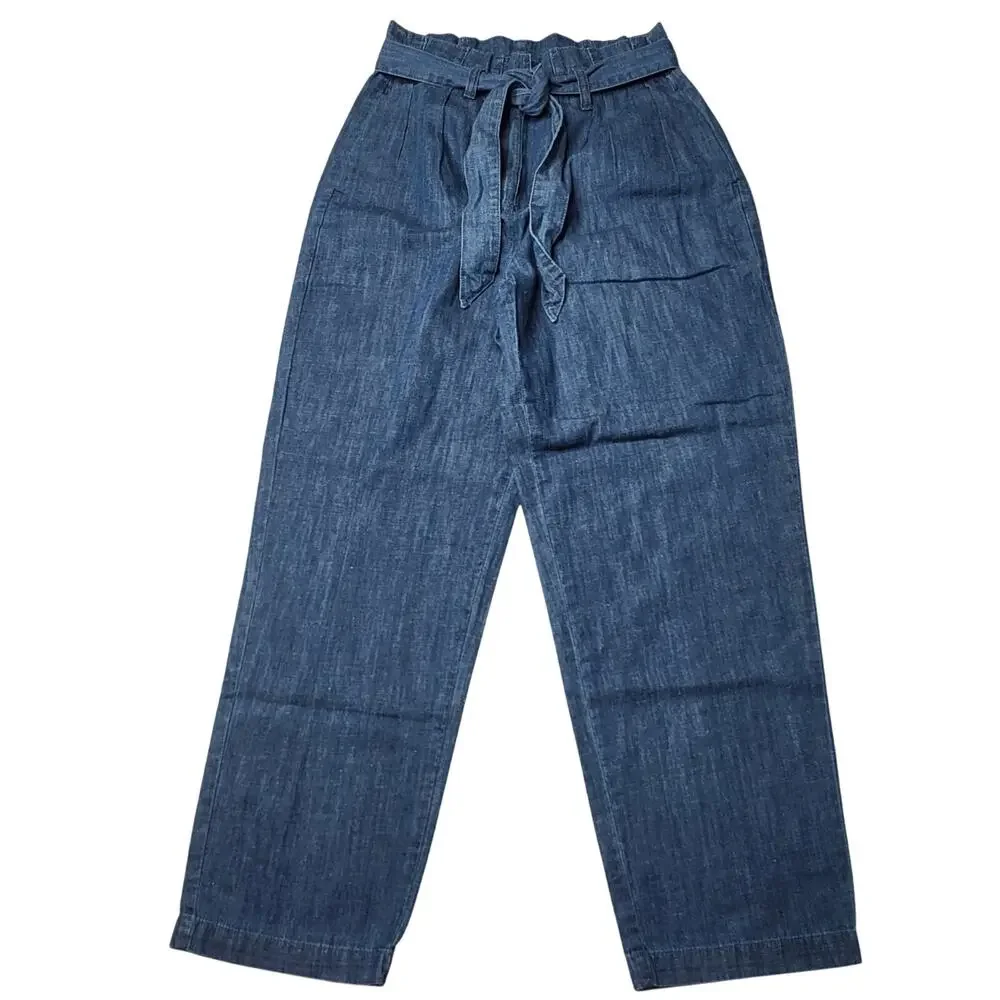 J Crew Chambray Paper Bag Jeans Tie Waist Relaxed Crop Wide Leg Cotton Hemp 0 - Picture 3 of 10